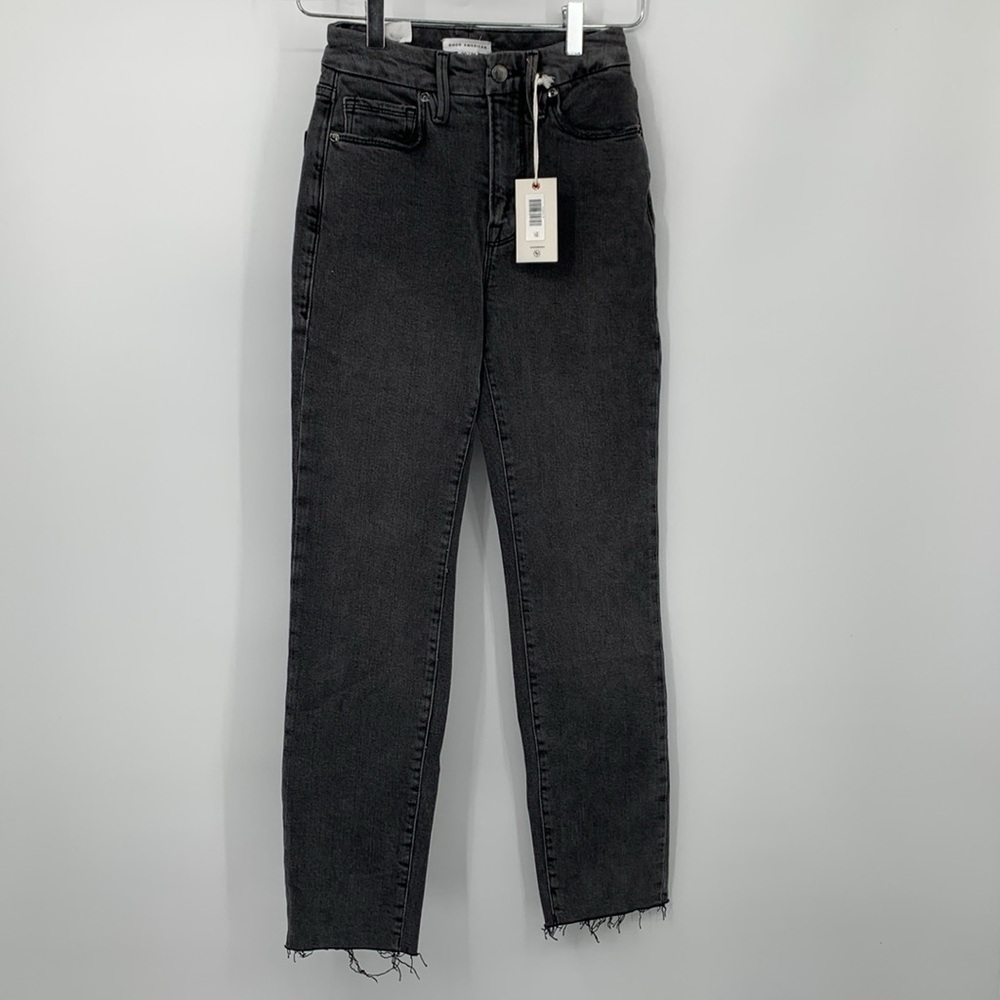Good American Classic jeans faded black gray raw hem ankle distressing new 24 00